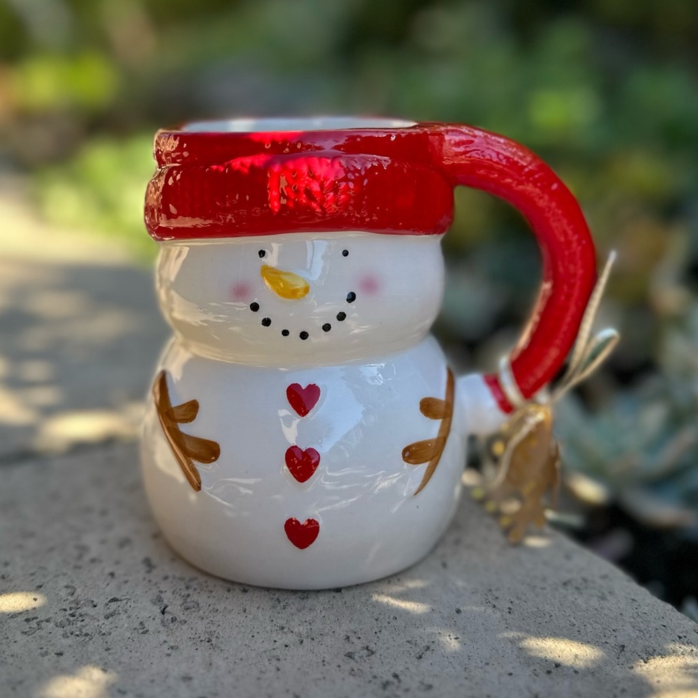 Holly & Joy Christmas Snowman mug heart buttons holiday cocoa bar coffee tea